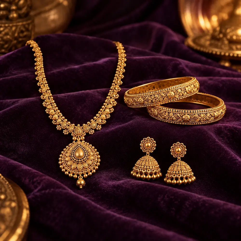 Gold necklace, bangles and earrings arranged on purple velvet